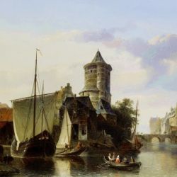 Market day in a Dutch town with numerous figures